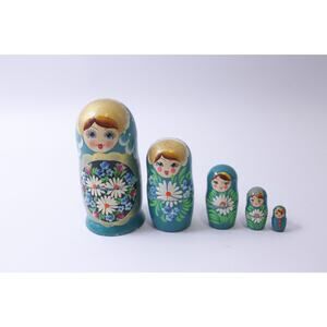 Vintage Matryoshka Doll, Set of 5, Blue Floral Design, Hand Painted, Wooden
